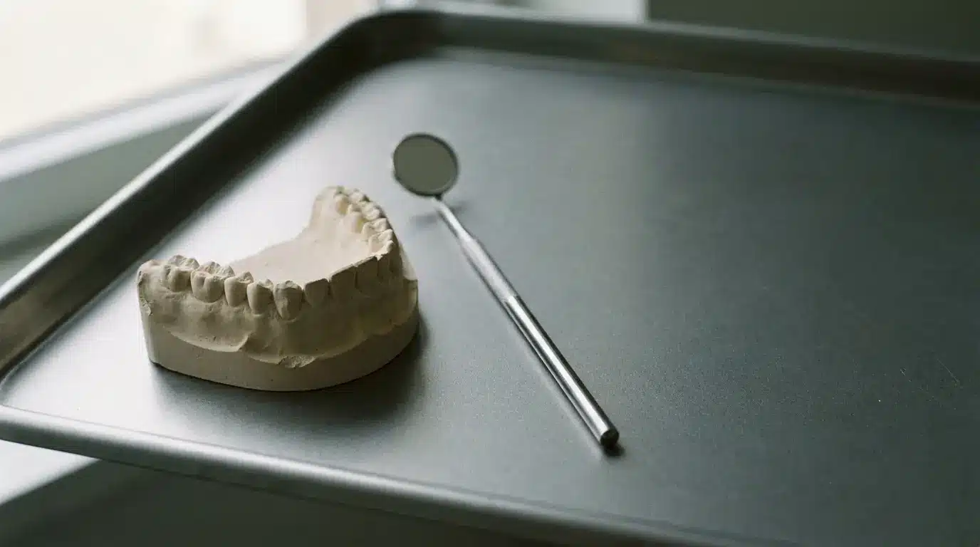 Dental mold and mirror on metal tray in a dimly lit room