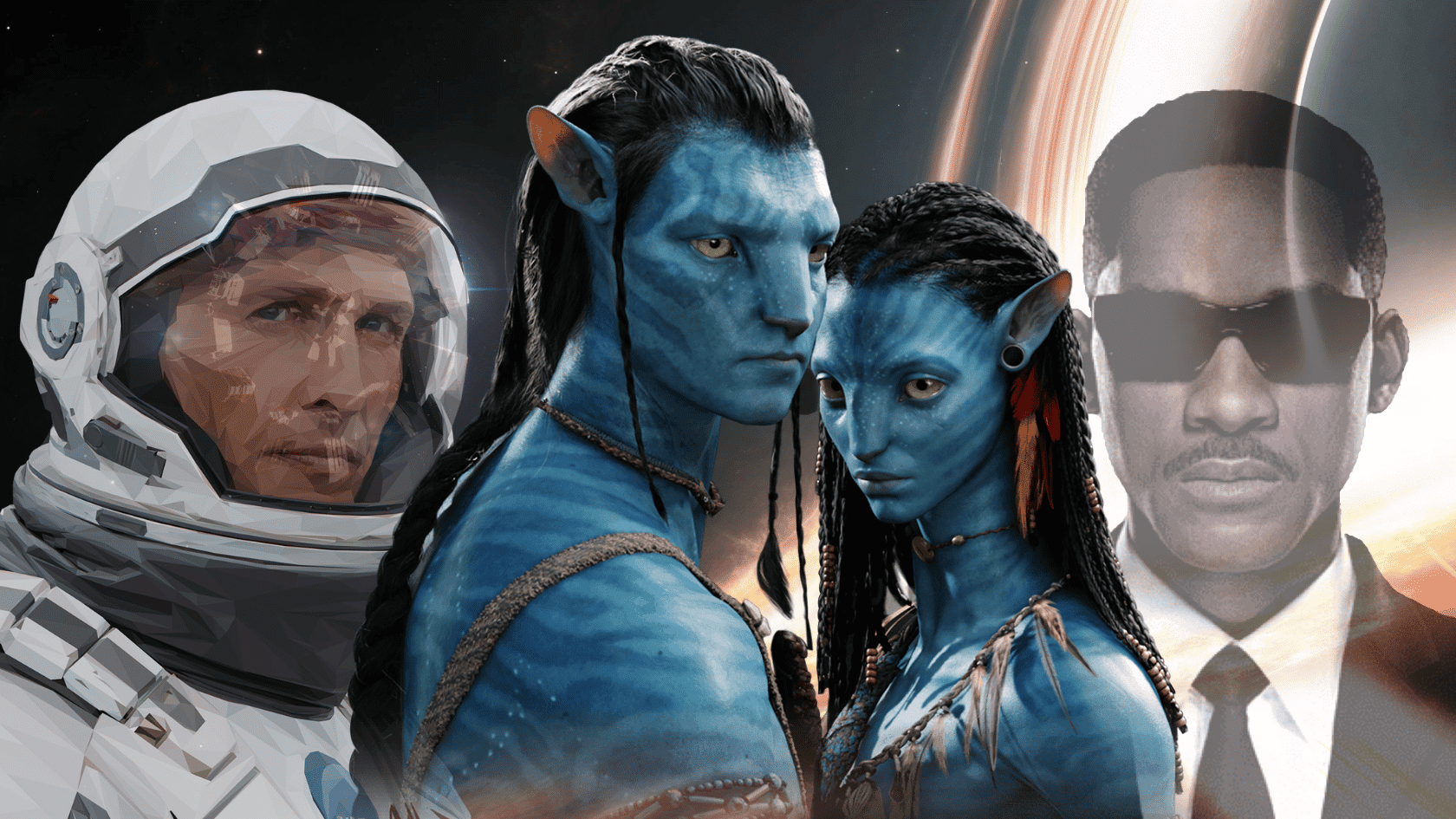 Sci-fi movie characters with blue alien figures, an astronaut, and a futuristic agent in a space-themed collage.