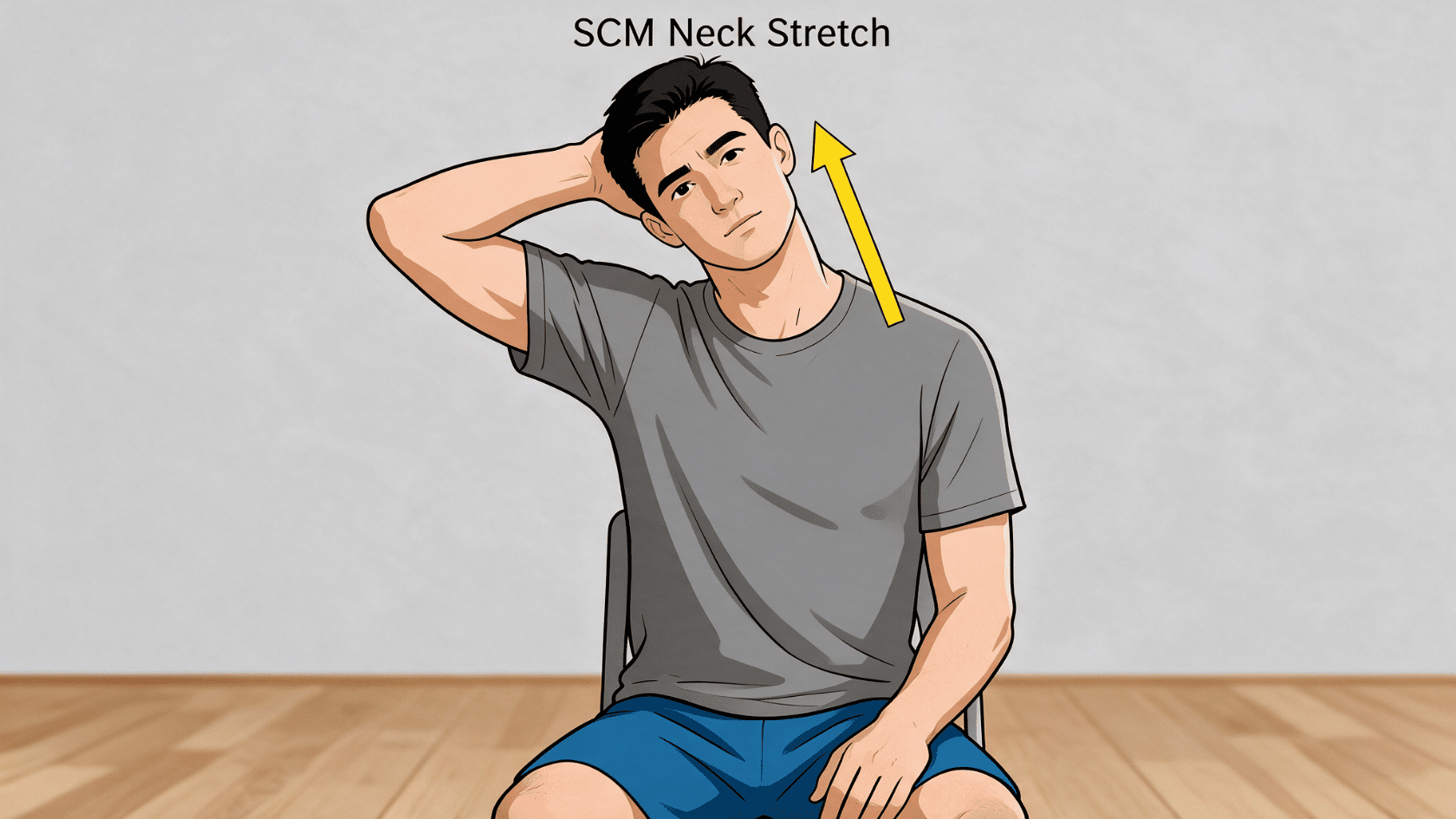 Man performing an SCM neck stretch by tilting his head sideways while seated.
