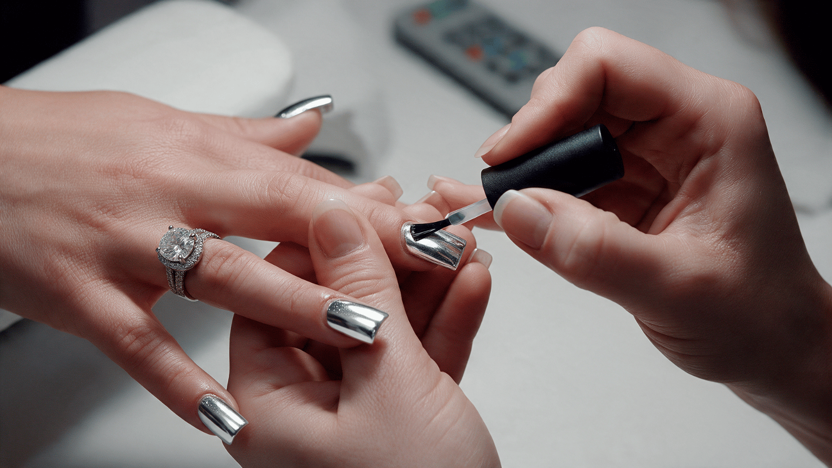 Sealing chrome nails with a top coat to protect the metallic manicure finish