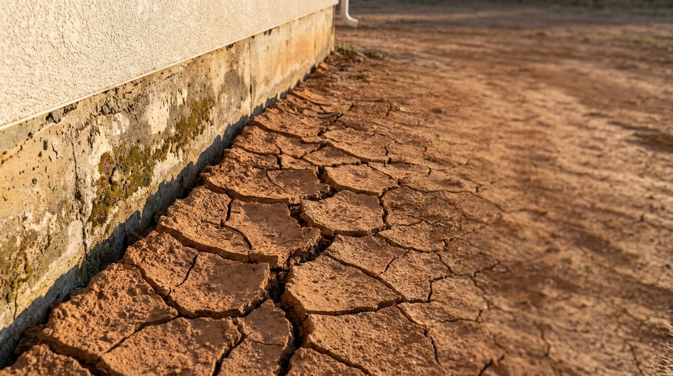 Cracked dry soil with peeling house foundation in arid outdoor setting, warm lighting