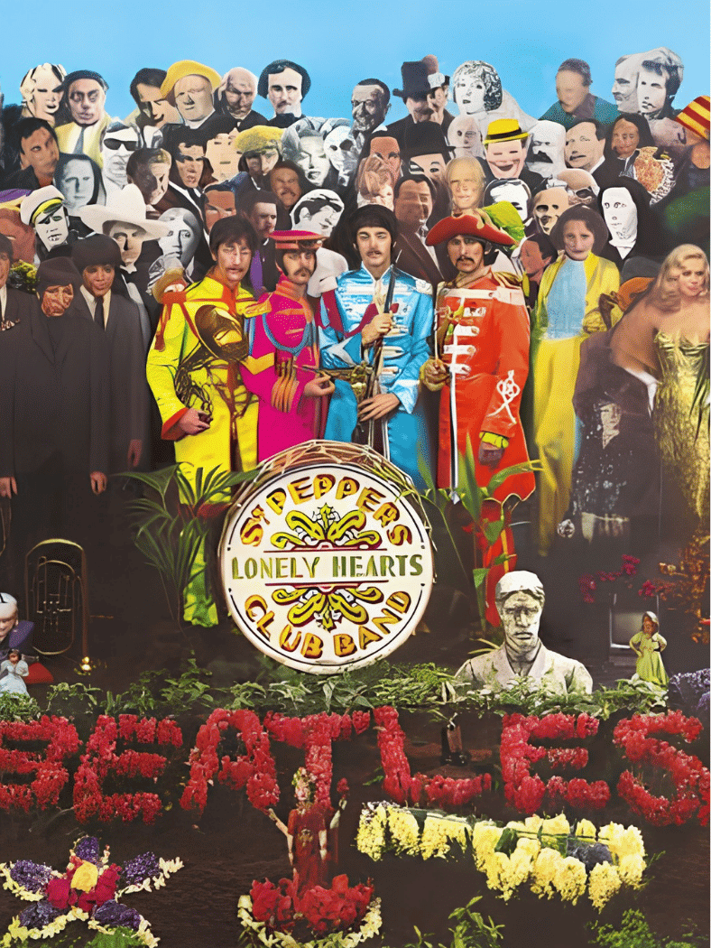 The Beatles โ Sgt. Pepperโs Lonely Hearts Club Band album cover with the band in colorful uniforms.