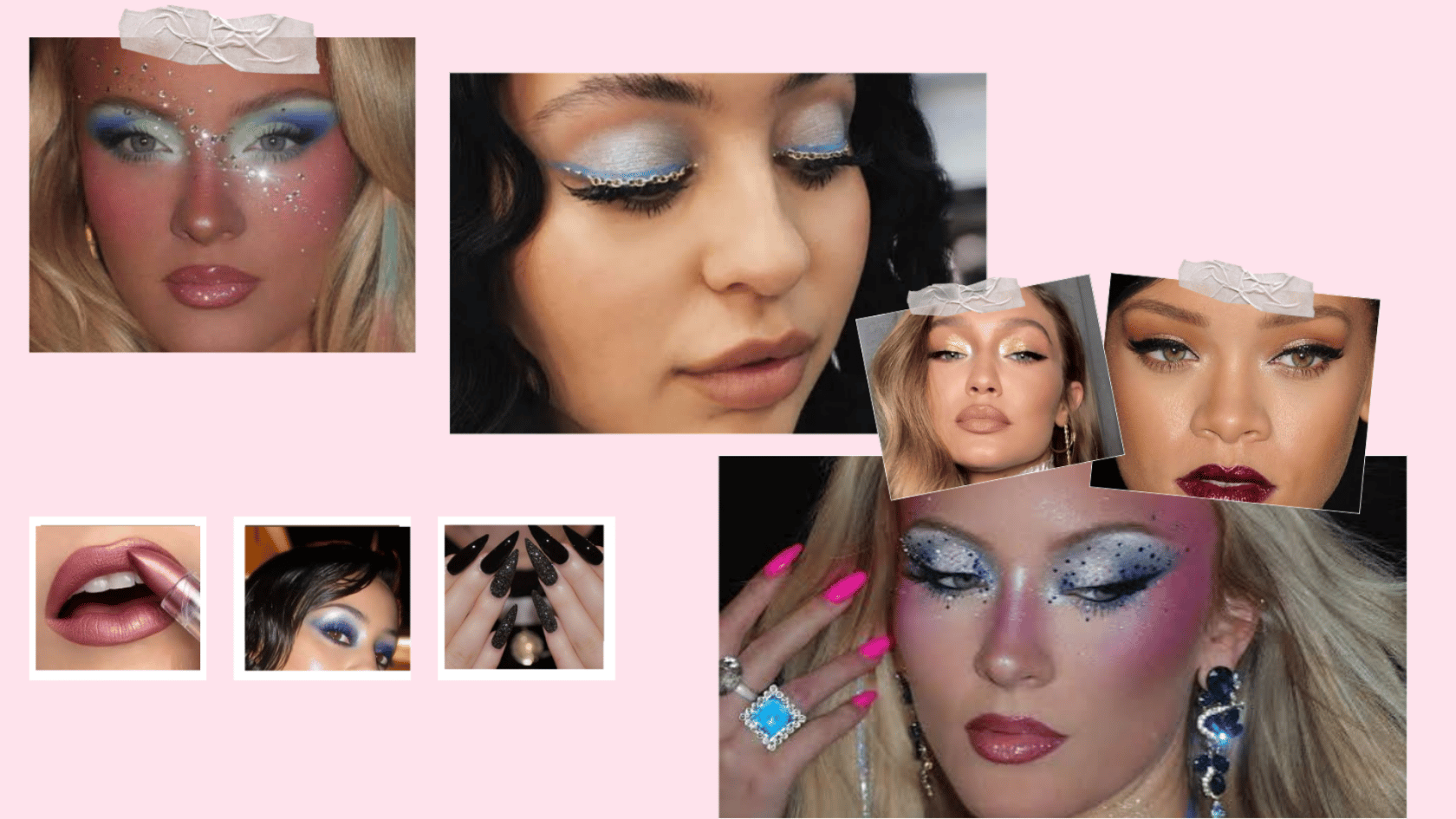 Shimmery or glitter makeup looks with Zara Larsson, Alexa Demie, Rihanna and Gigi Hadid.