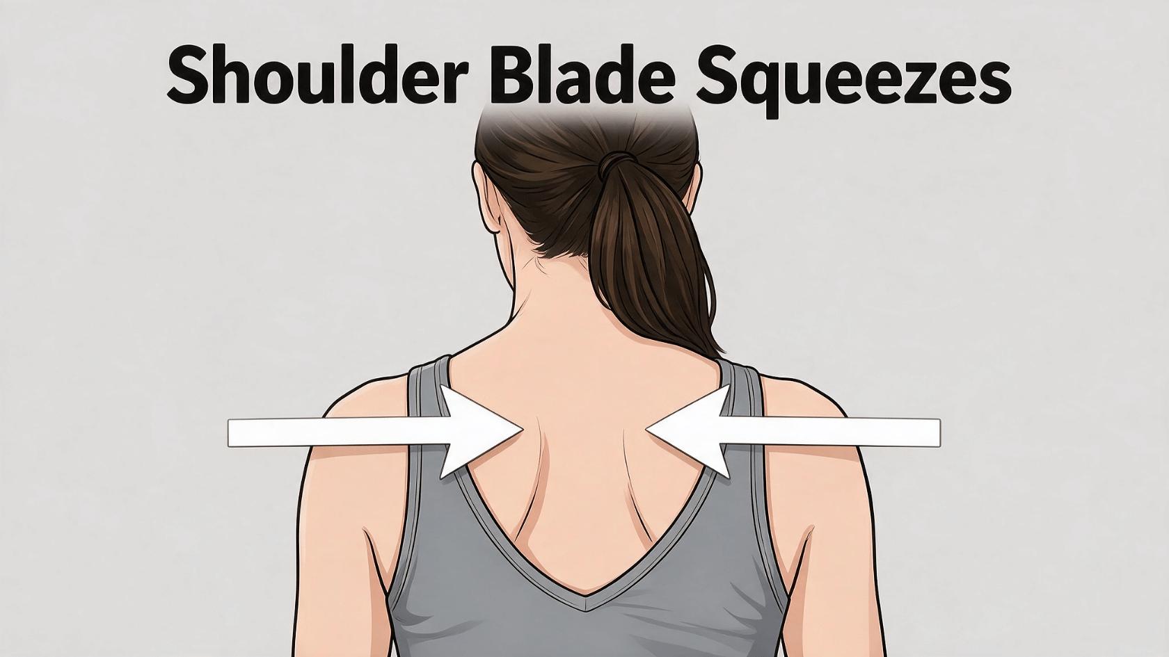 Woman demonstrating shoulder blade squeezes by pulling both shoulder blades inward.