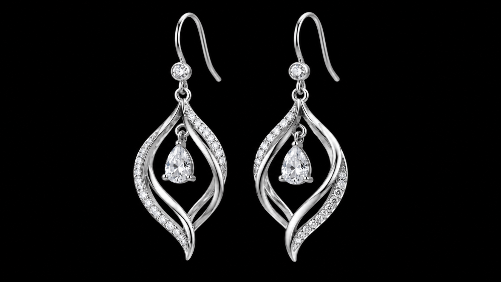 Sterling silver drop earrings with teardrop frames and gemstones displayed on a black background.