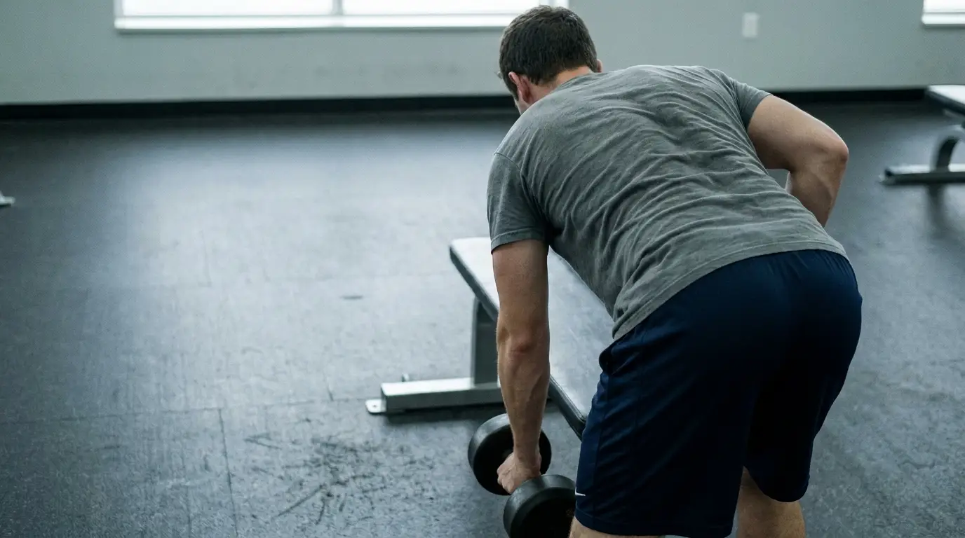 Man lifting dumbbell in gym with gray flooring and metal bench in background