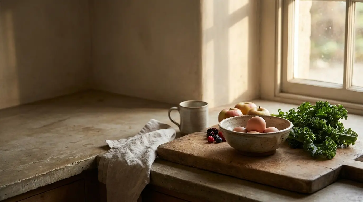 Rustic kitchen counter with eggs, apples, greens, and berries in warm natural light