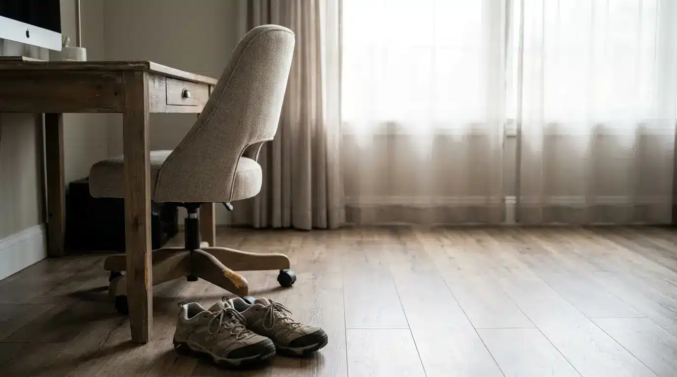Beige office chair at wooden desk with sneakers on hardwood floor in softly lit room