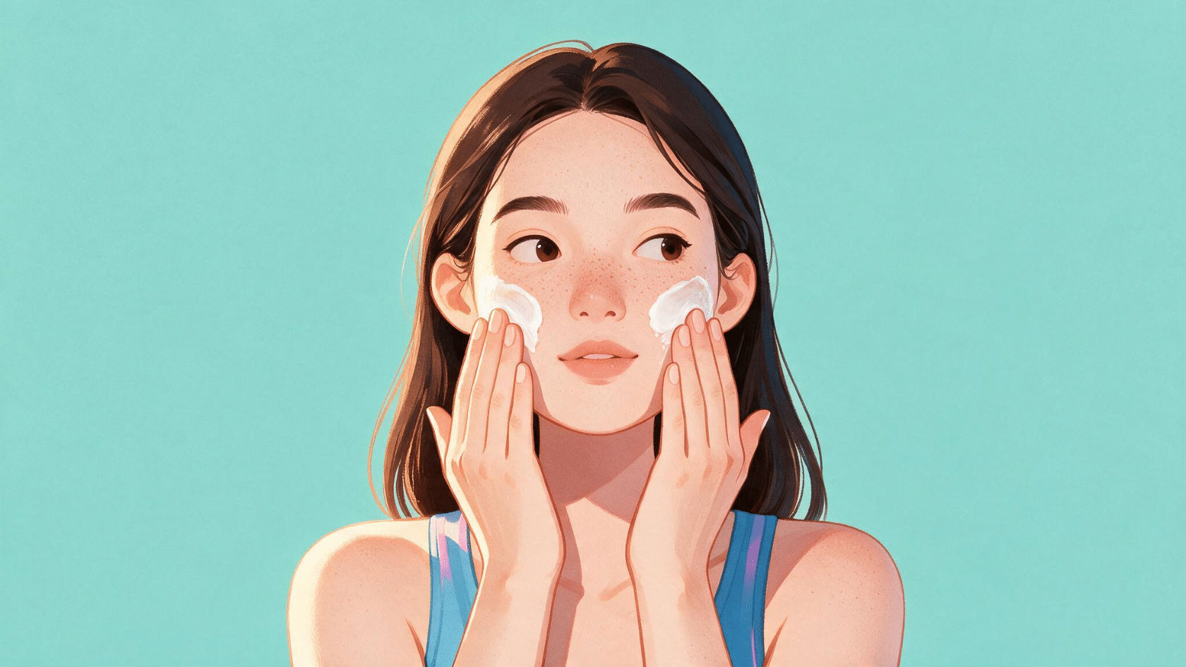 Illustration of a woman applying skincare cream on cheeks for a simple daily facial care routine and glow