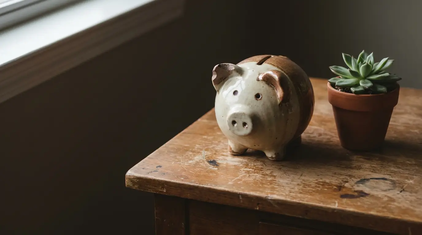 Ceramic piggy bank and potted succulent on wooden table near window