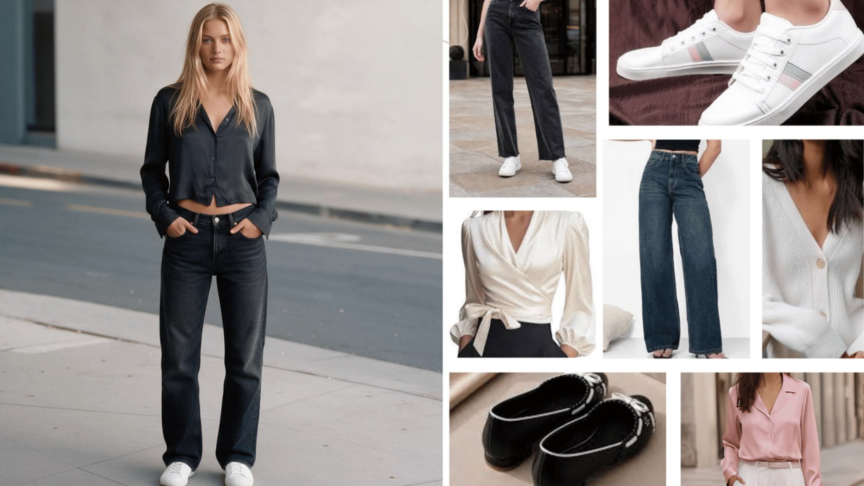 Smart casual Friday outfit with dark jeans, blouse, sneakers, and relaxed office style