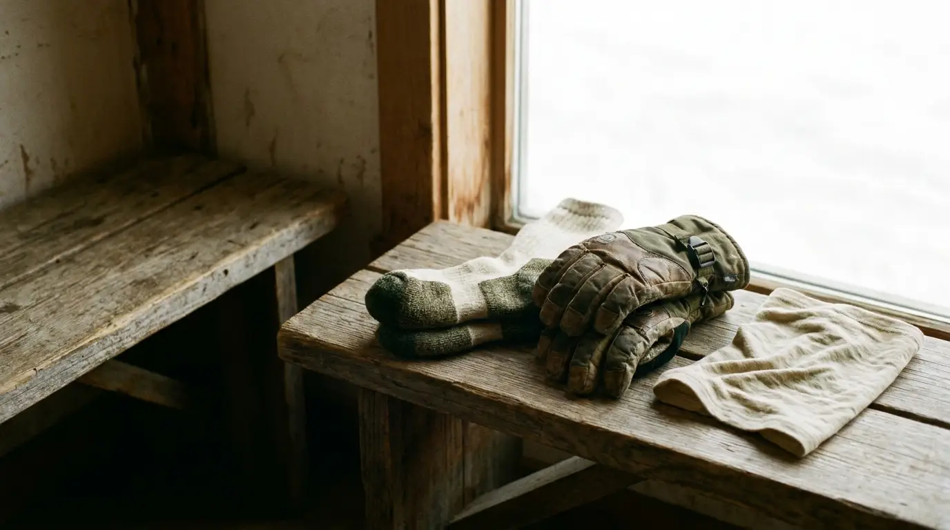Warm gloves, socks, and scarf on rustic wooden bench by sunlit window