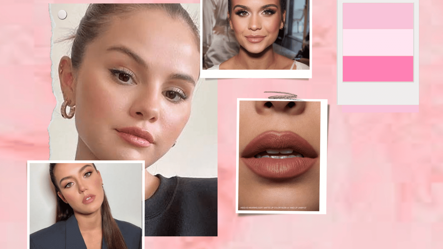 Soft matte natural makeup moodboard inspired by Selena Gomez’s beauty style