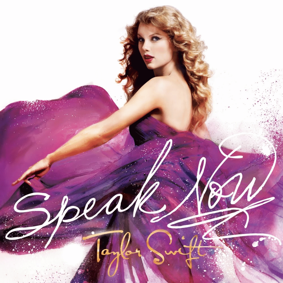 Taylor Swift in a flowing purple dress on Speak Now, a fan favorite often considered the best Taylor Swift album.