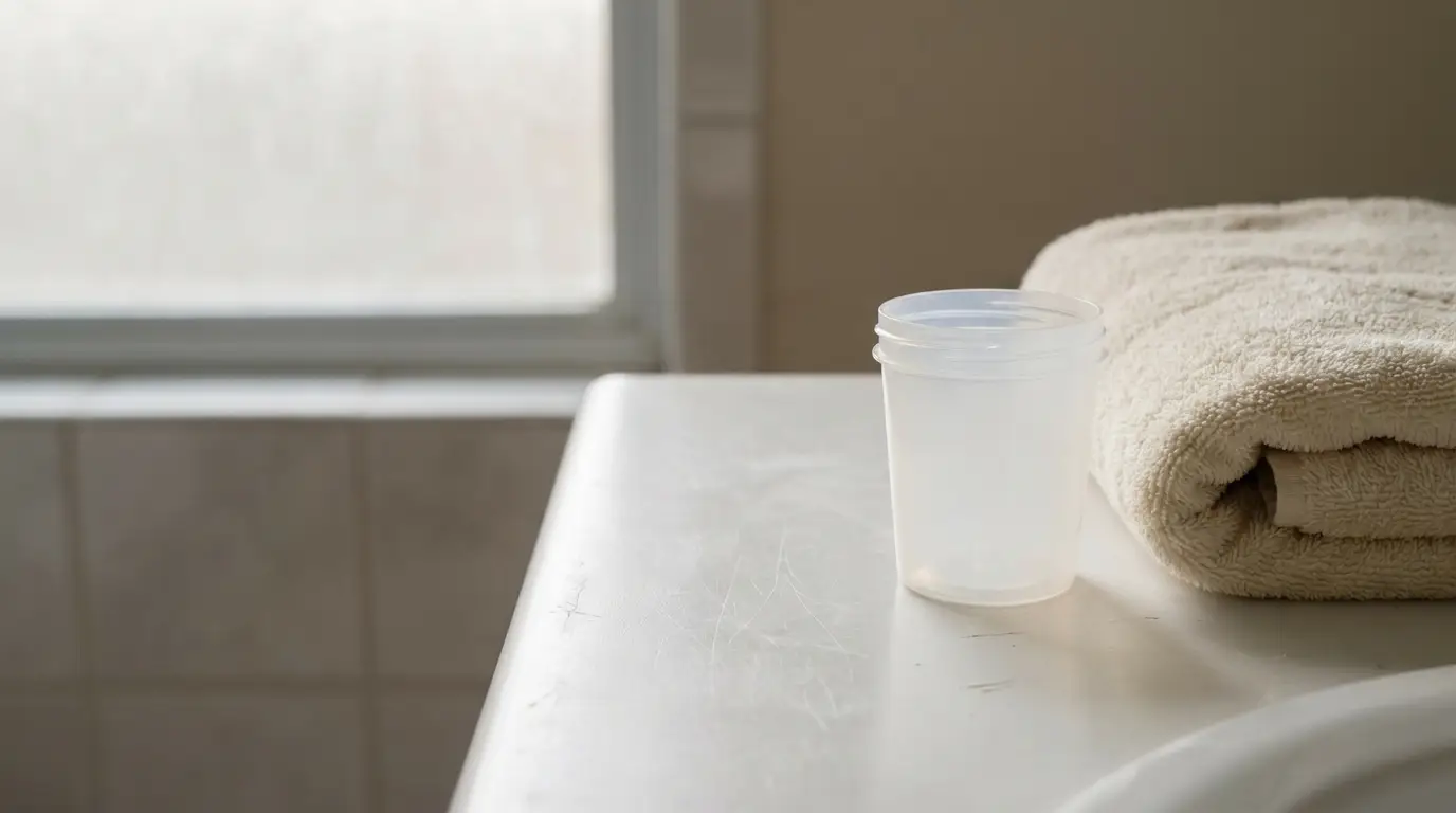 Plastic cup and folded beige towel on white bathroom counter in soft natural light