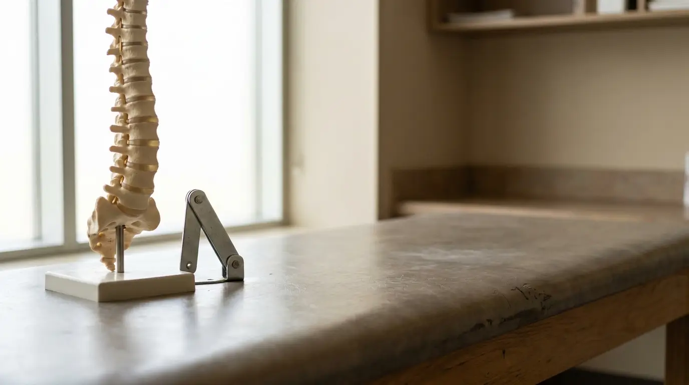 Spine model on wooden desk in bright medical office setting