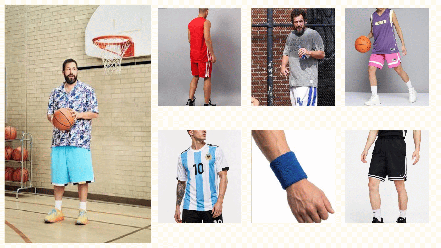 Adam Sandler-inspired sports jersey and basketball shorts outfit collage.