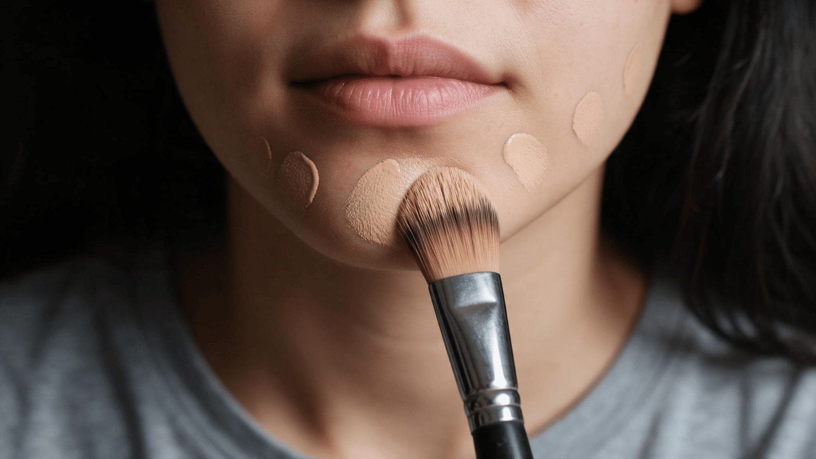 Woman blending liquid concealer on her chin with a makeup brush for smooth, even coverage.