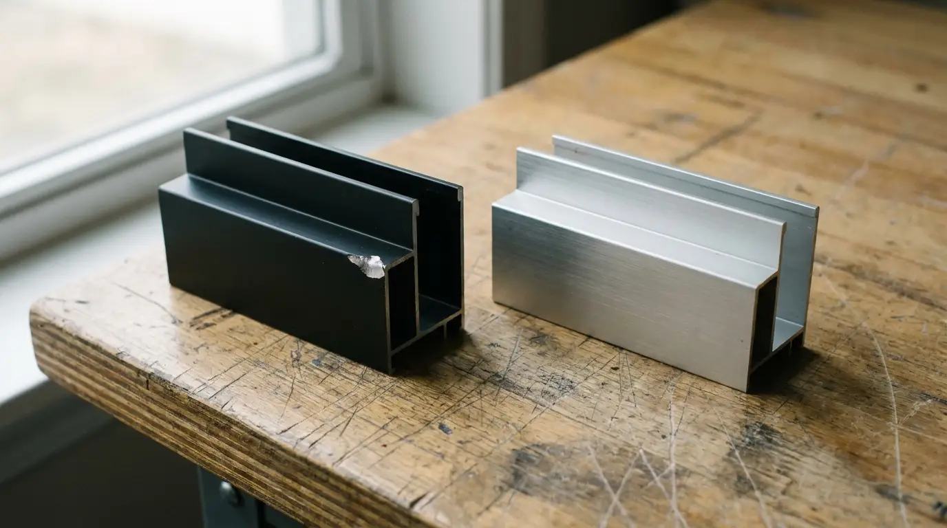 Two metal profiles, black and silver, on wooden workbench near window