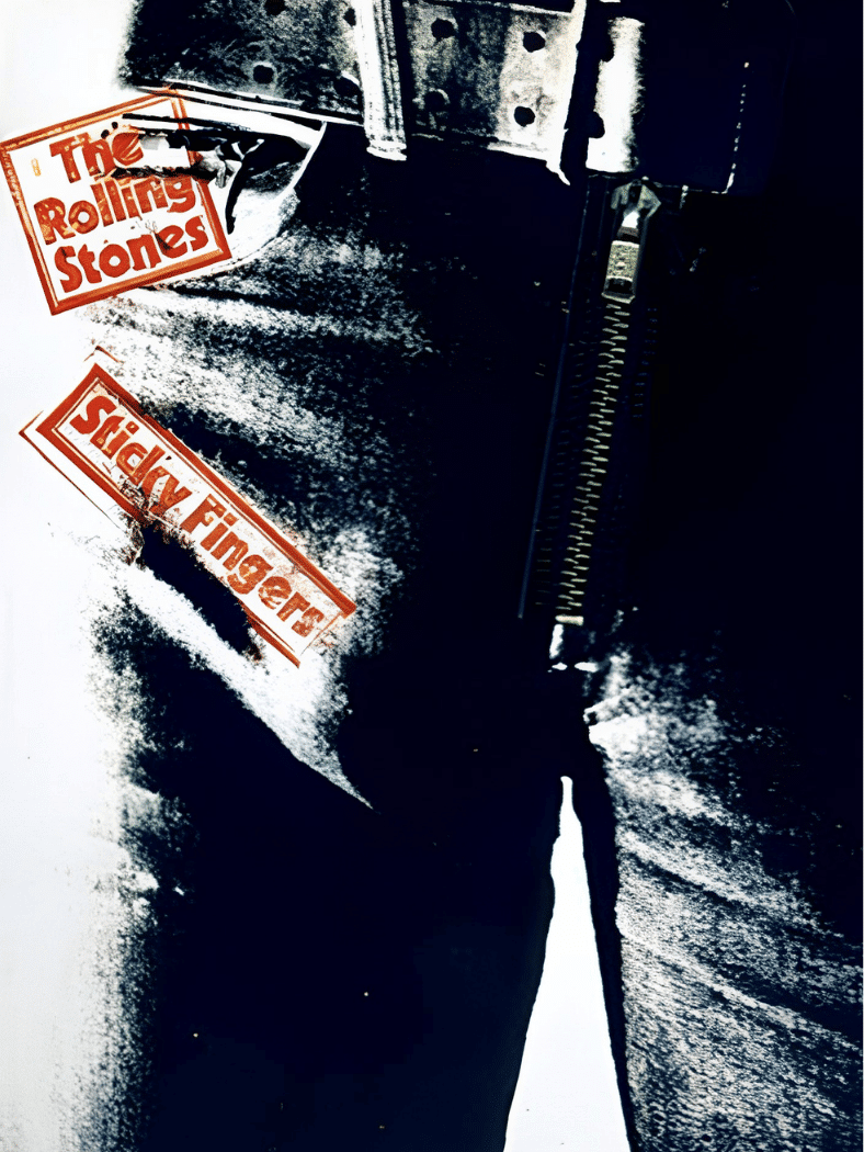 The Rolling Stones โ Sticky Fingers album cover featuring denim jeans with a prominent zipper.