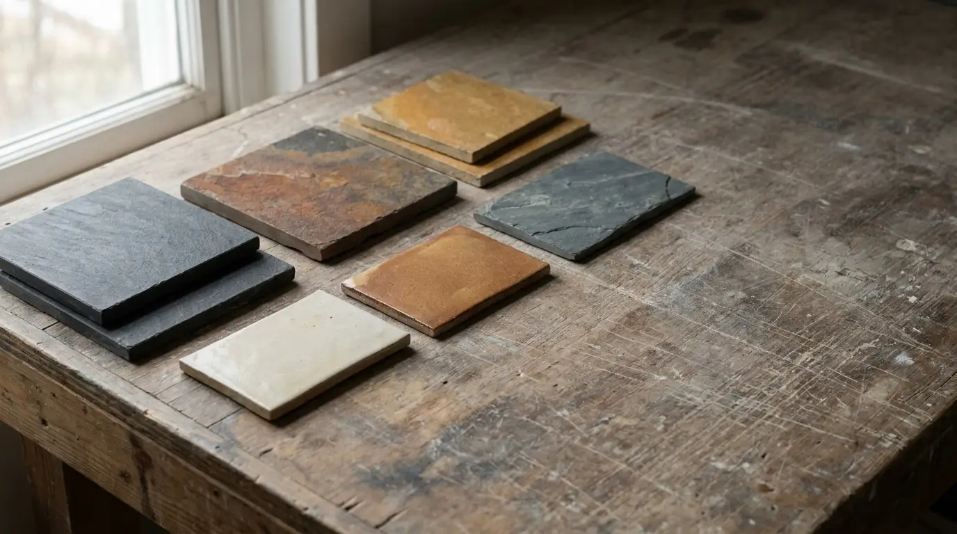 Stone and tile samples arranged on a rustic wooden table near window