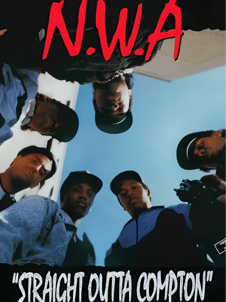 N.W.A โ Straight Outta Compton album cover showing the group looking down toward the camera.