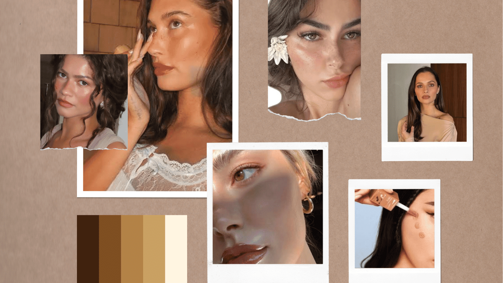 Sun-kissed natural makeup moodboard inspired by Hailey Bieber and Zendaya beauty styles