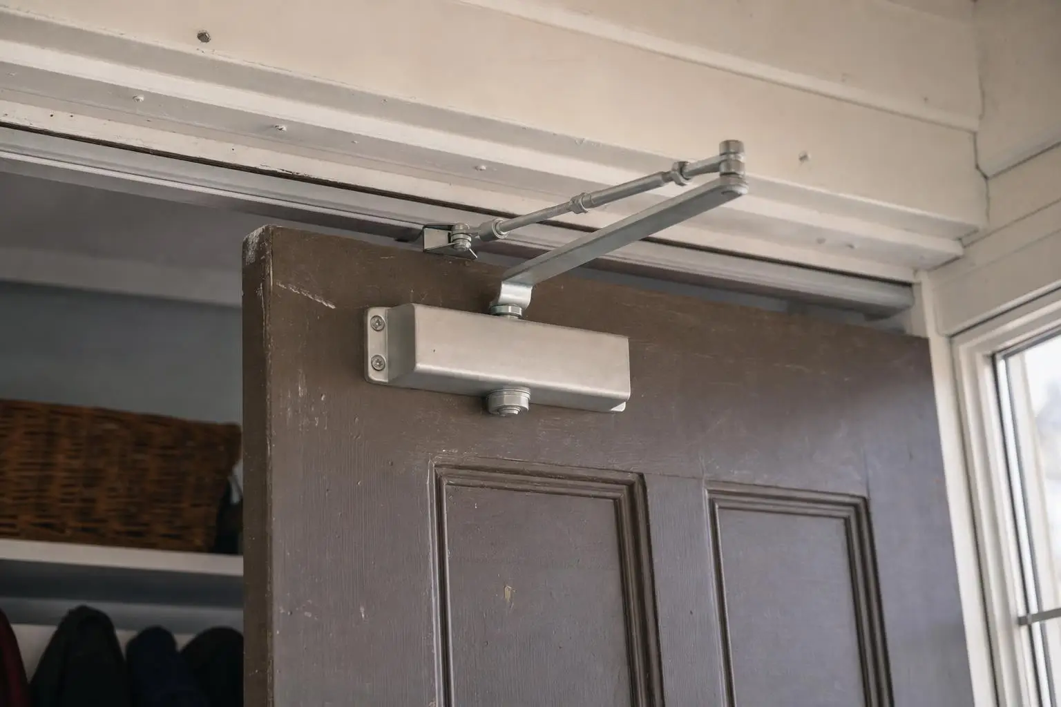 Metal door closer mechanism on a partially open wooden door in an indoor setting