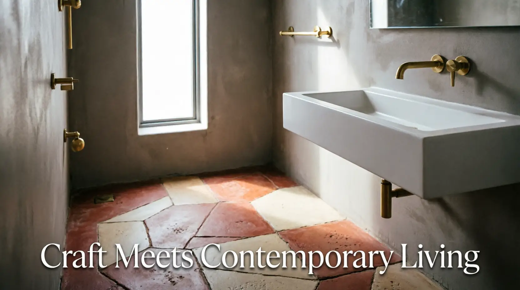 Modern bathroom with brass fixtures, terracotta floor tiles, and rectangular white sink