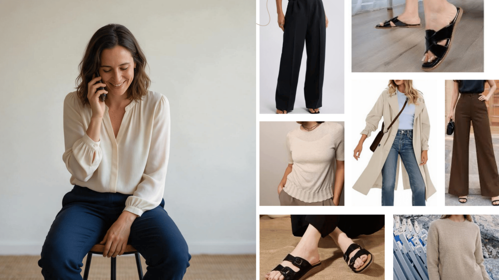 Team lunch or coffee run outfit with white blouse, navy pants, and casual sandals