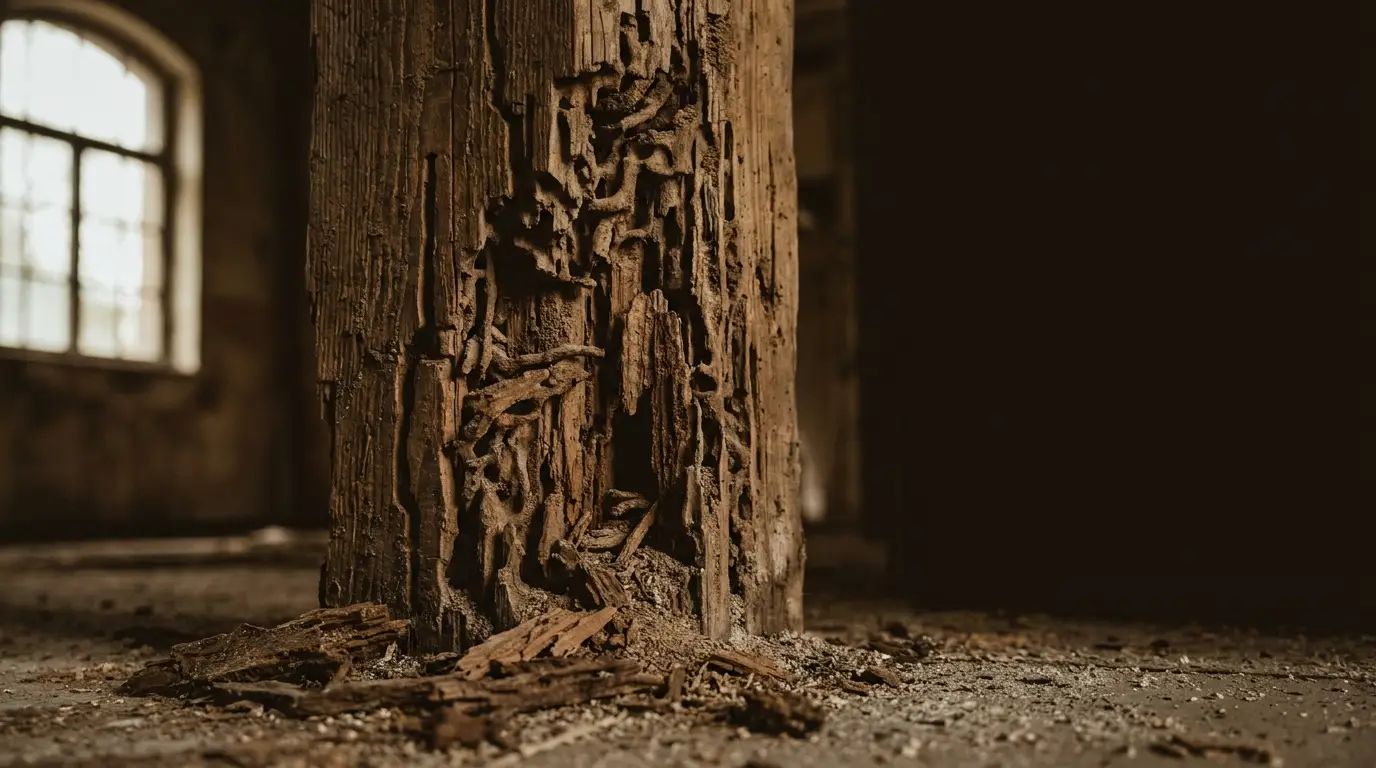 Rotted wooden beam with intricate termite damage in dimly lit abandoned building