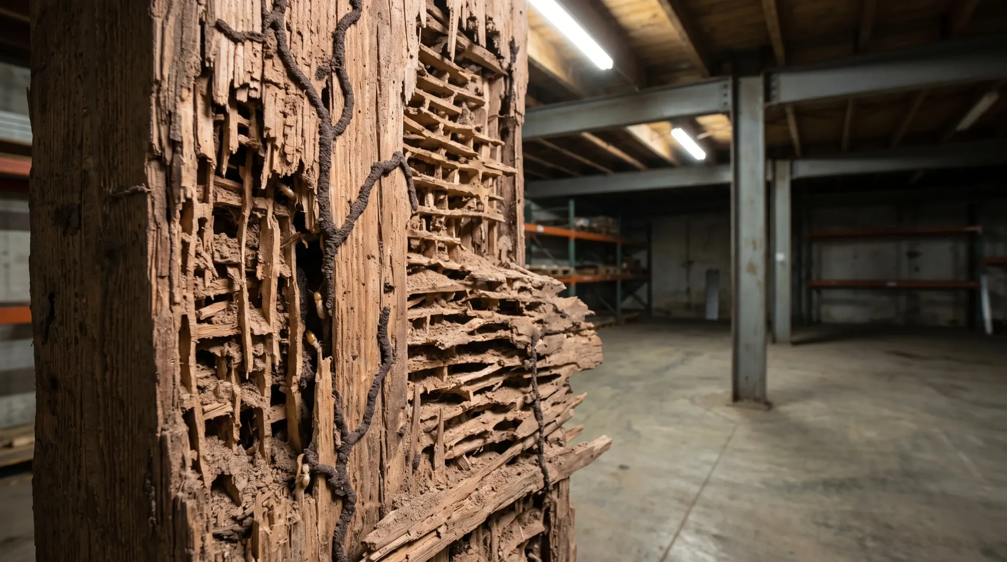 Close-up of termite-damaged wooden beam inside an empty warehouse with metal shelving