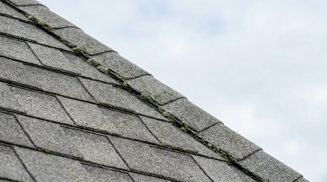 Gray asphalt shingle roof with visible moss and lichen under cloudy sky