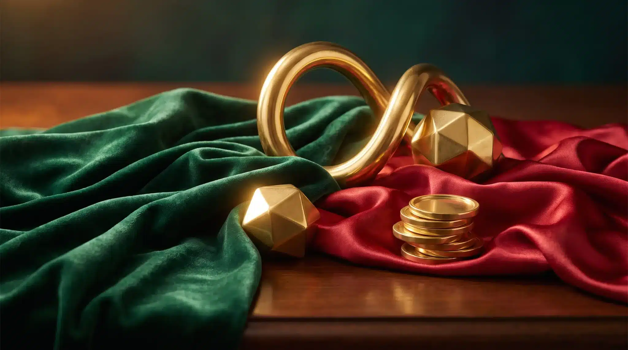 Golden geometric shapes on green and red satin fabric with polished wooden surface