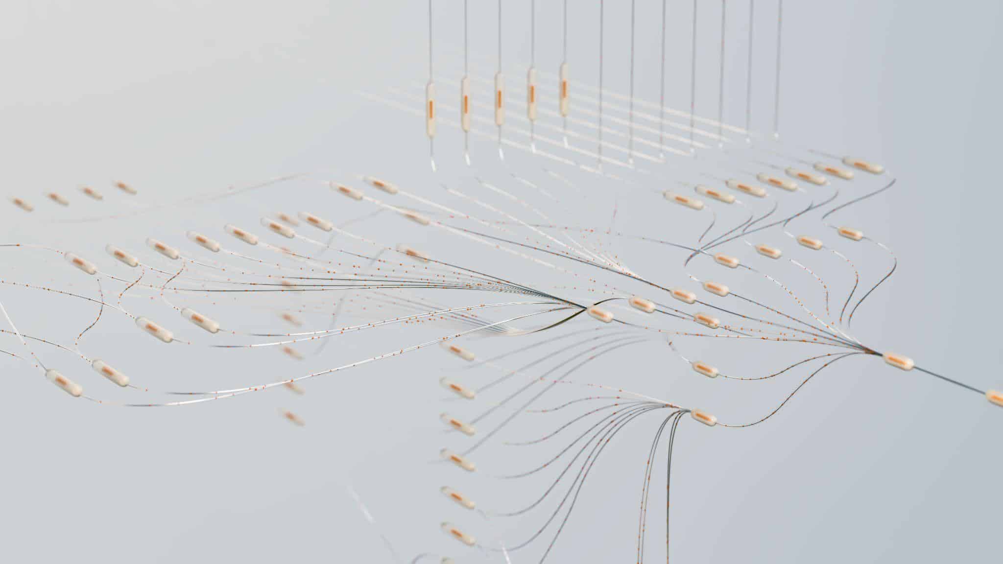 Abstract network of interconnected lines and nodes on light gray background