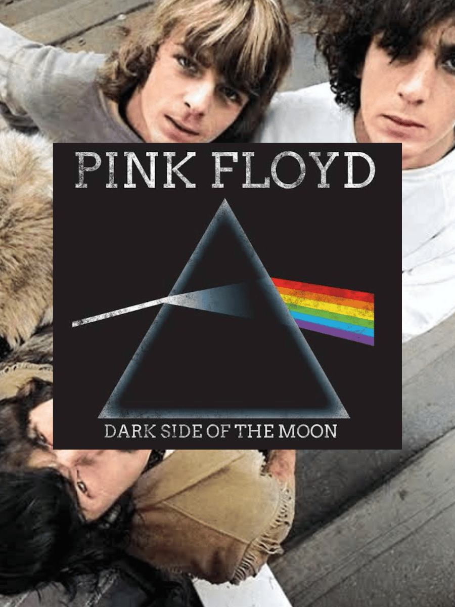 Pink Floyd Dark Side of the Moon album cover with prism and rainbow artwork.