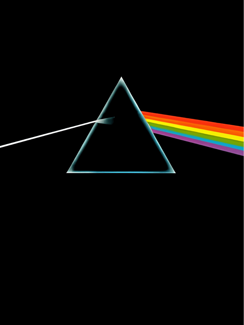 Pink Floyd โ The Dark Side of the Moon album cover with a prism splitting light into a rainbow.