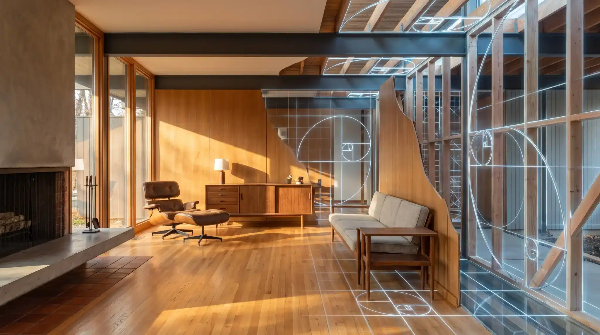 Mid-century modern living room with leather chair, wooden furniture, geometric wall patterns, and natural light