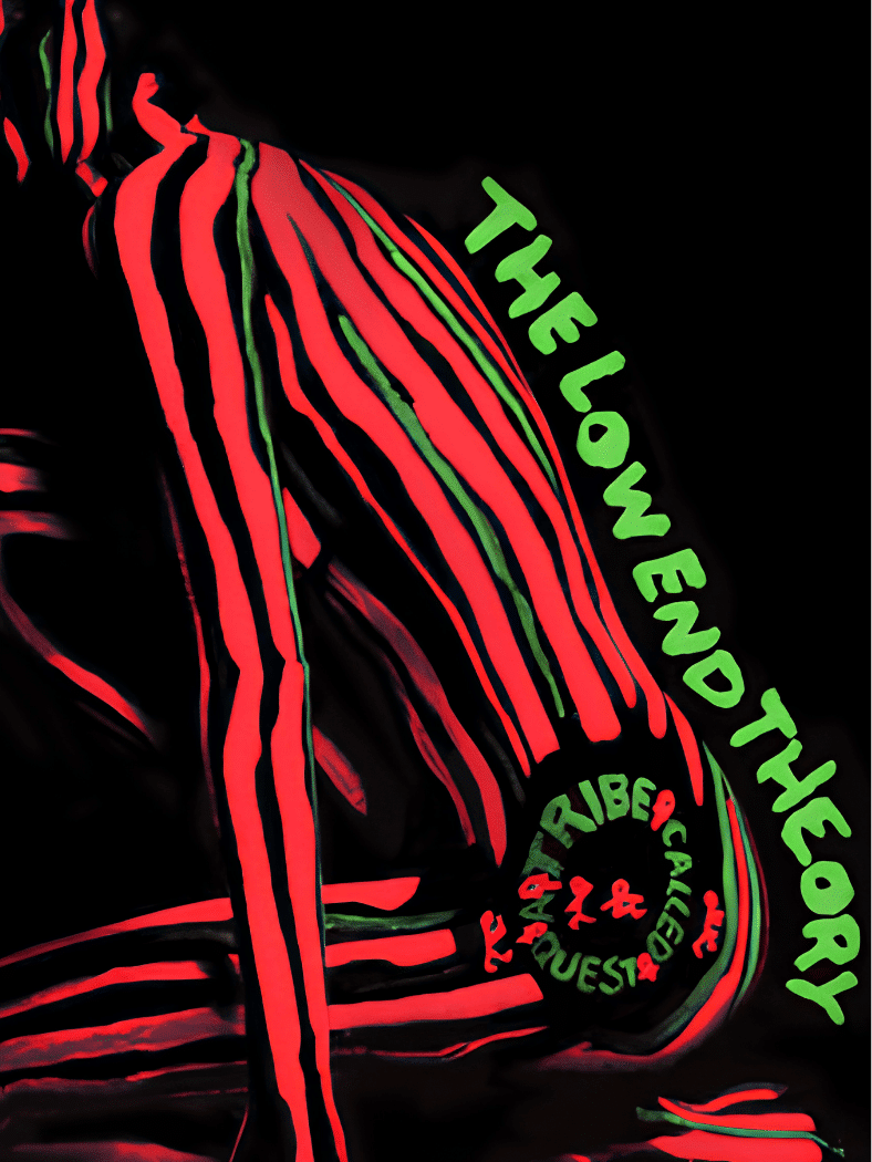 A Tribe Called Quest โ The Low End Theory album cover with red and green body art on black.