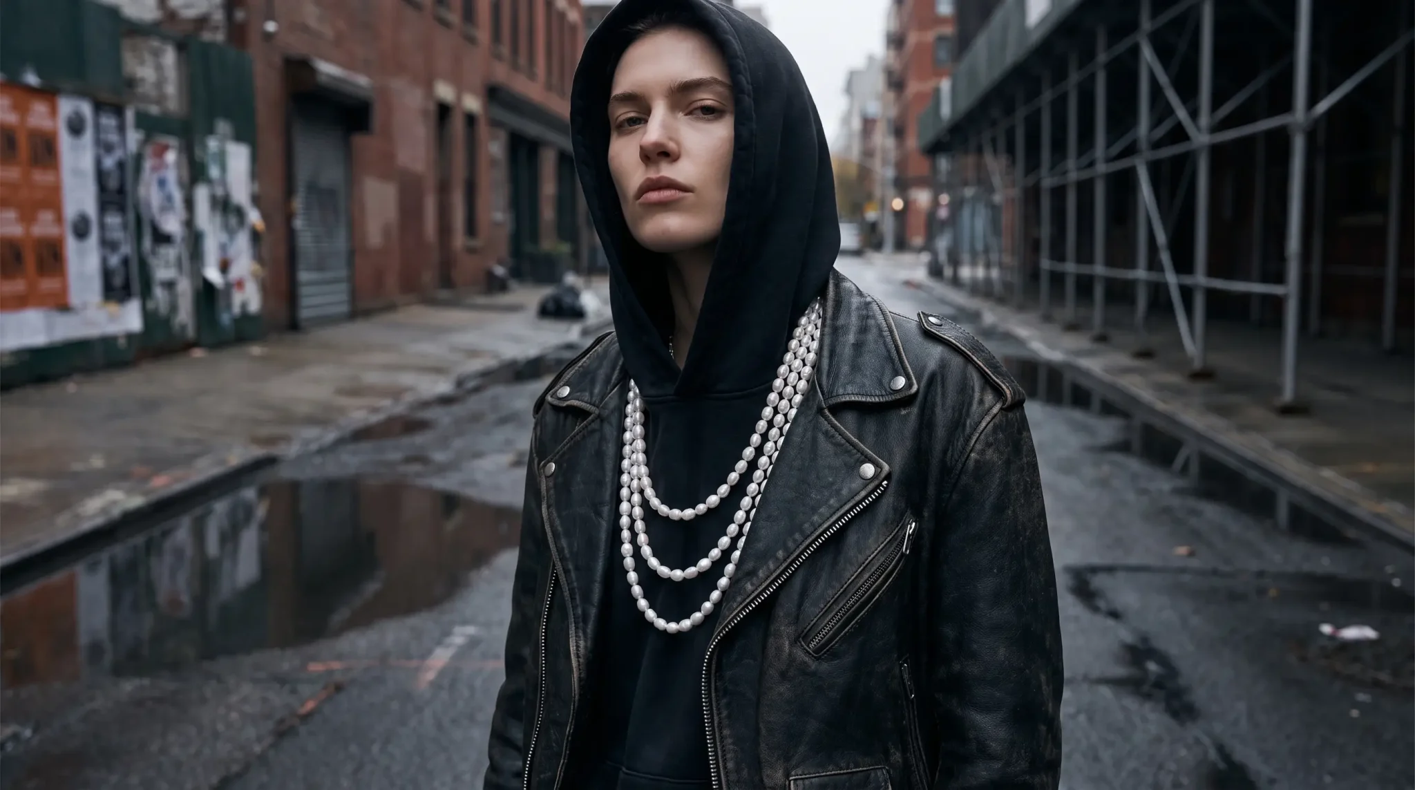 Person in black hoodie and leather jacket with pearl necklaces on urban street