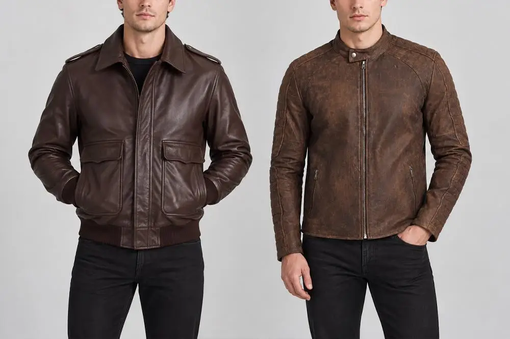 Two men wearing brown leather jackets with black jeans against a plain background
