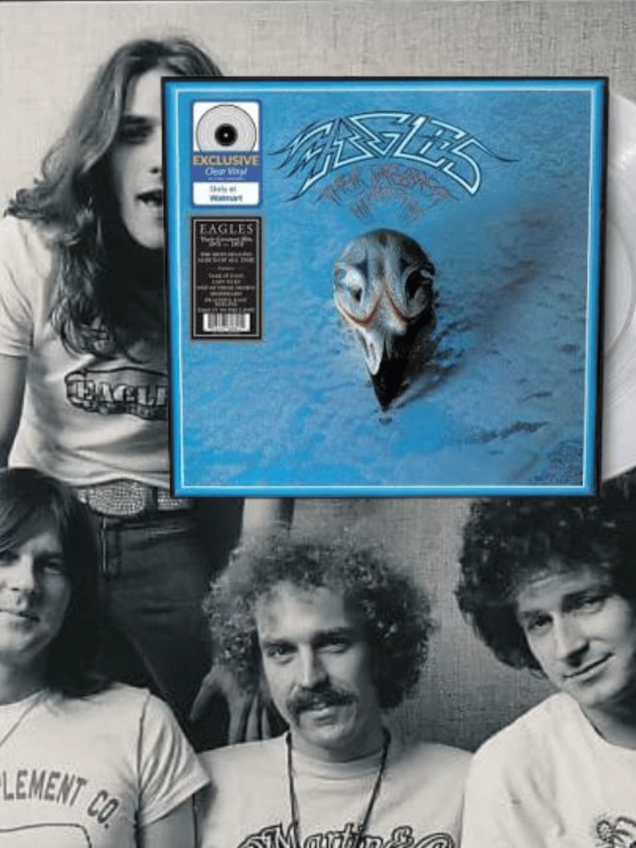 Eagles Hotel California album cover with blue artwork and band photo background.