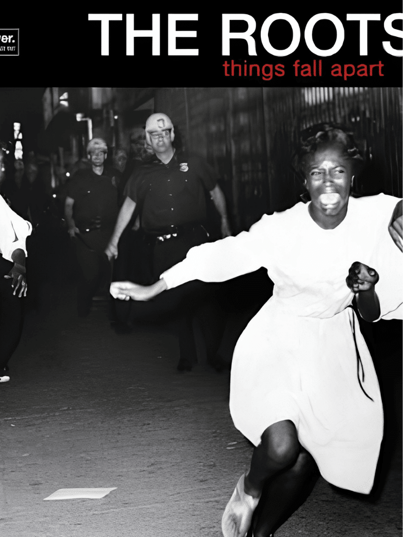 The Roots โ Things Fall Apart album cover showing a woman running in a historic black-and-white photo.