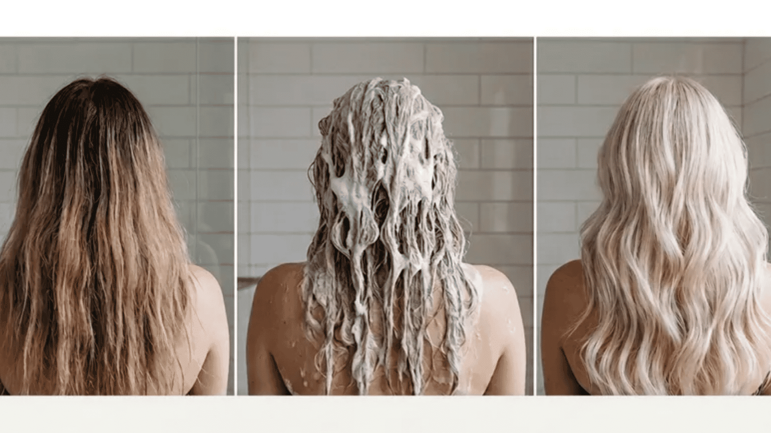 Bleach bath hair transformation showing before, during, and after lightening results with blonde hair.