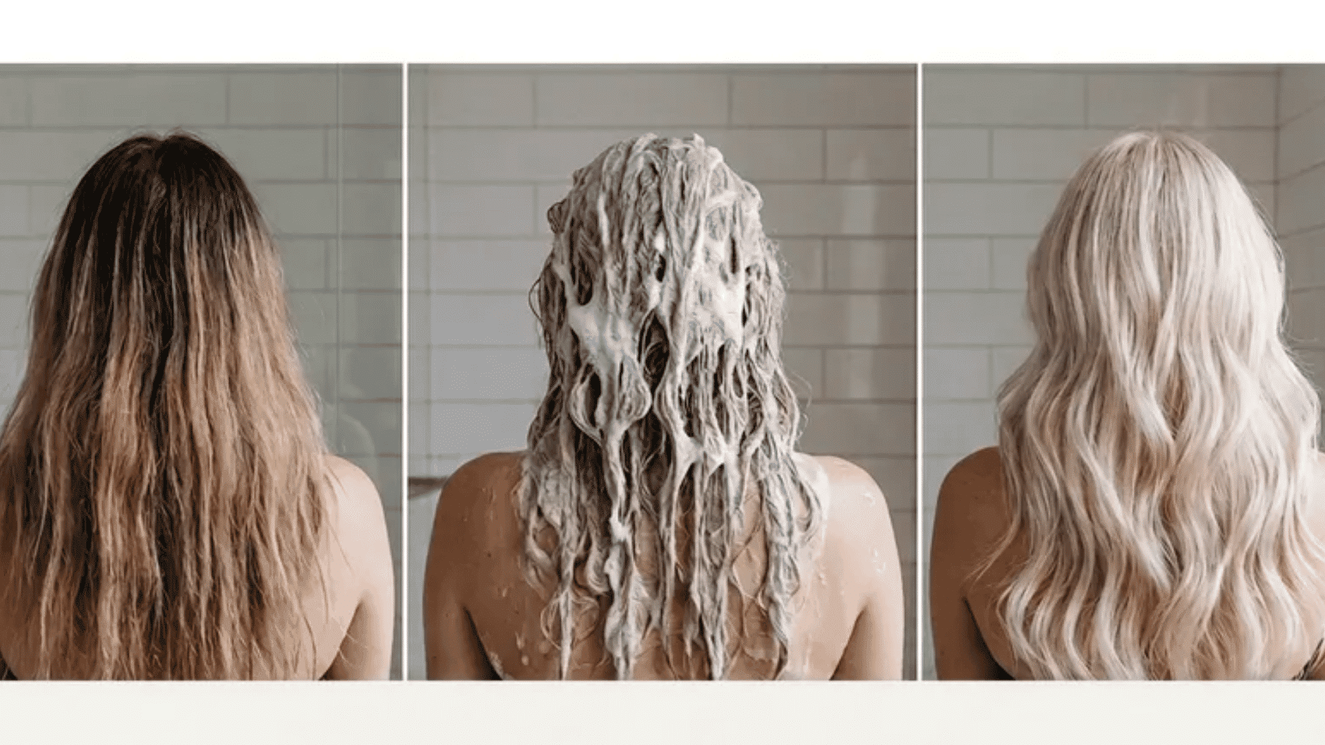 Bleach bath hair transformation showing before, during, and after lightening results with blonde hair.