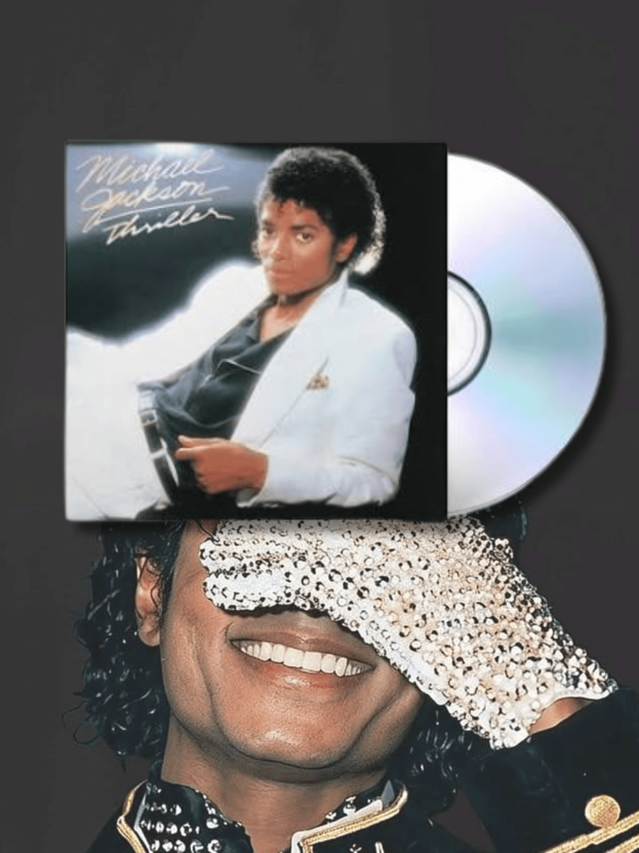 Michael Jackson smiling with a jeweled glove beneath a Thriller album cover and CD.
