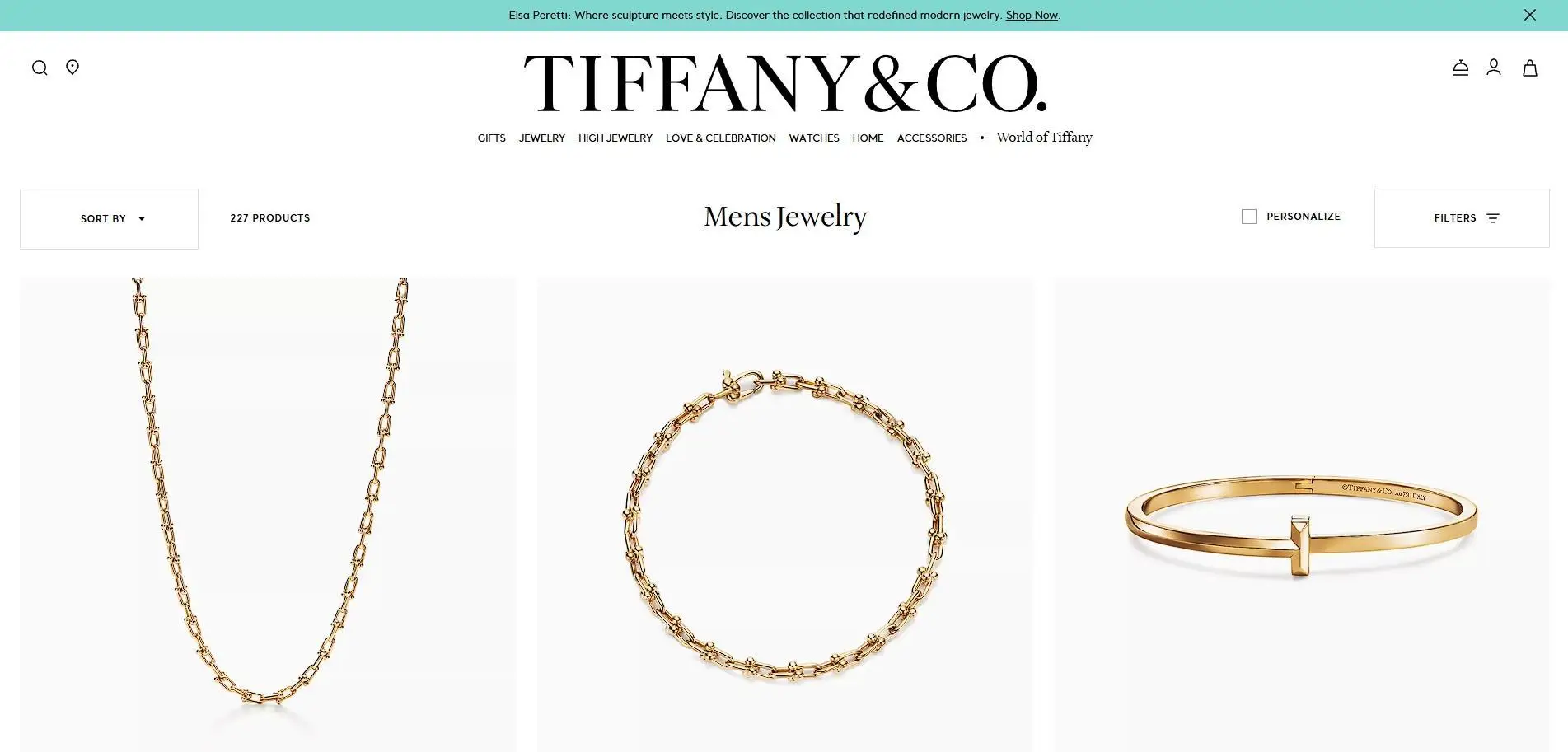 Gold chain necklace, bracelet, and bangle displayed against white background in jewelry catalog layout