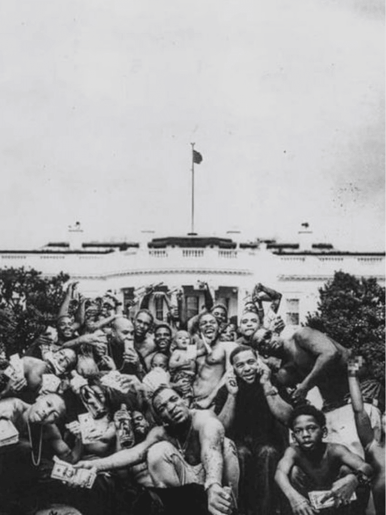 Kendrick Lamar โ To Pimp a Butterfly album cover showing a group posing outside the White House.