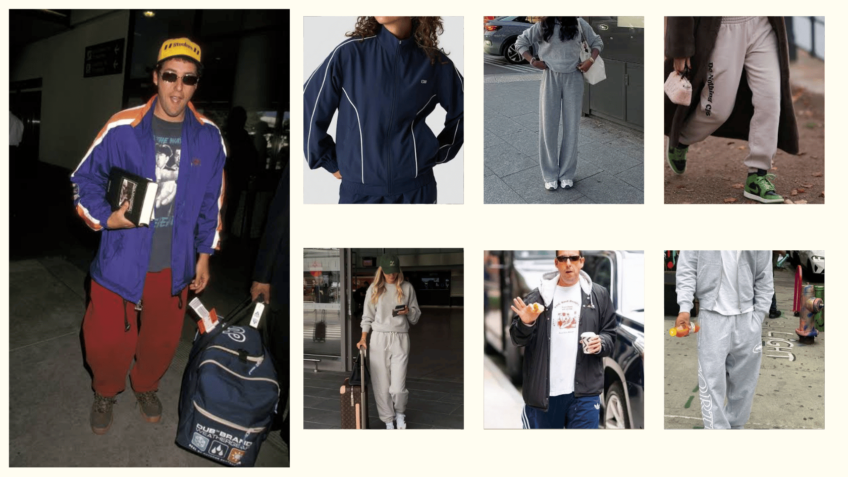 Adam Sandler-inspired track jacket and sweatpants airport look with relaxed casual styling.