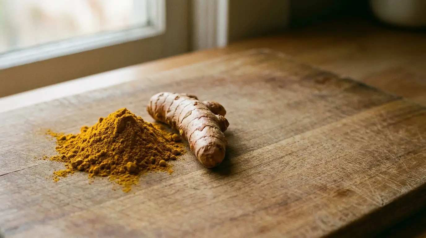 Turmeric root and powder on wooden cutting board in natural light kitchen setting